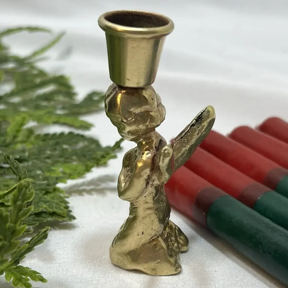 Vintage Brass 2.75” Praying Angel Christmas Candlestick Holder + 5 Candle Tapers